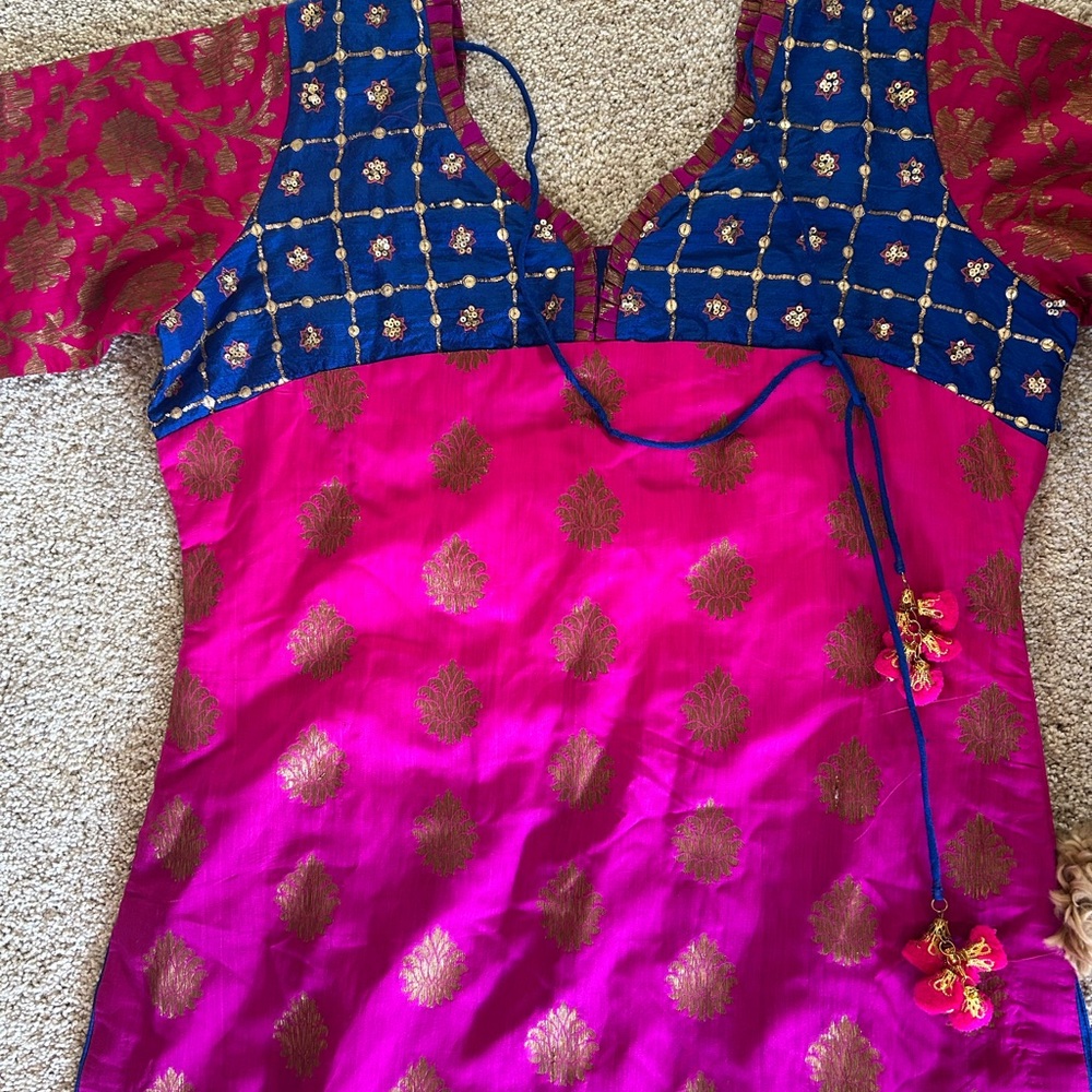 Hot Pink and Blue Embroidered ethnic dress afghan gold large boho India Neelam